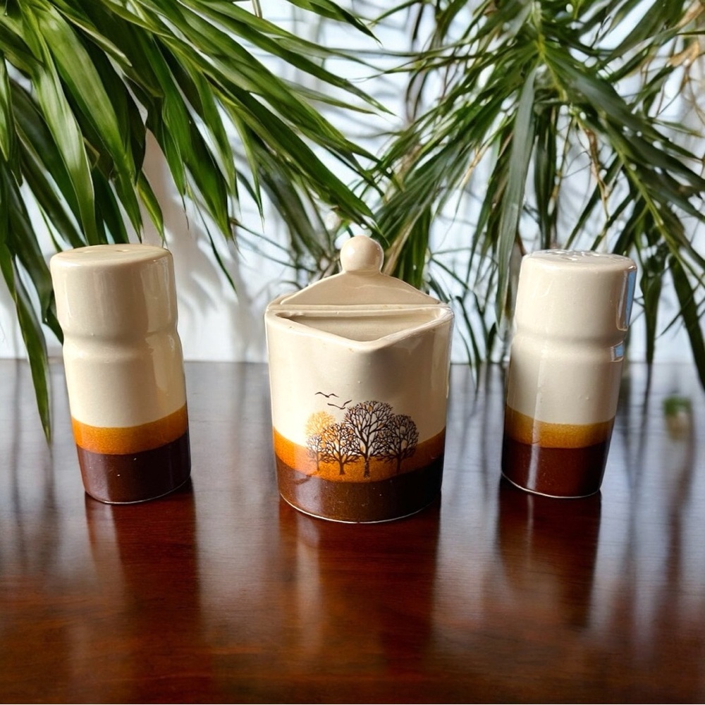 VINTAGE Brown Ceramic Salt, Pepper, Sugar, and Creamer Set with Tree Design - Picture 6 of 7